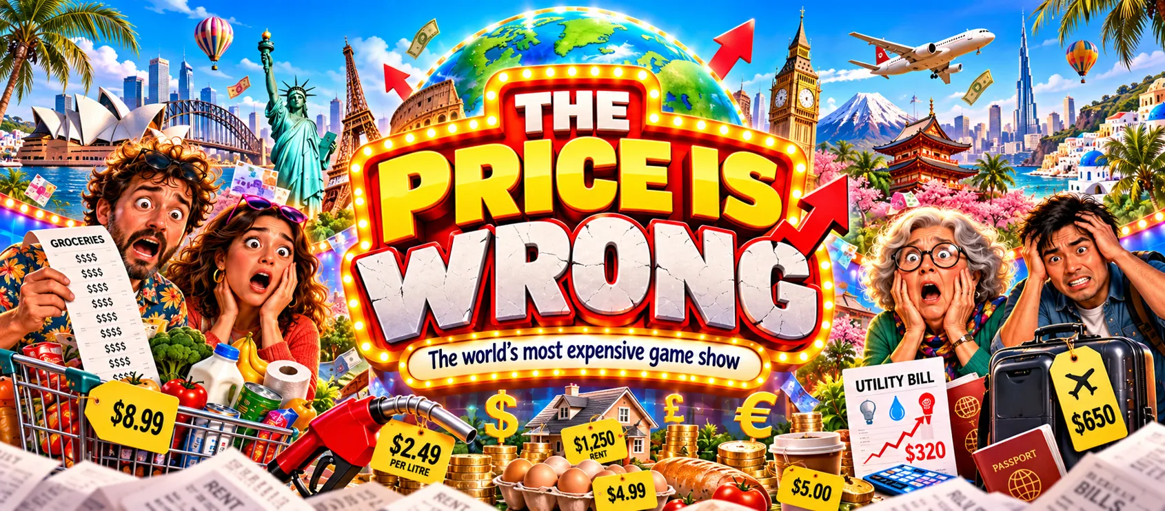 The Price Is Wrong — colourful comedy branding with outrageous price tags, shocked shoppers, groceries and bills